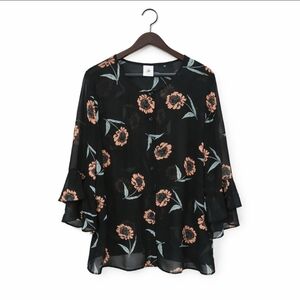 Cabi Zinnia Black Peach Floral Sheer Blouse Womens Sz Lg